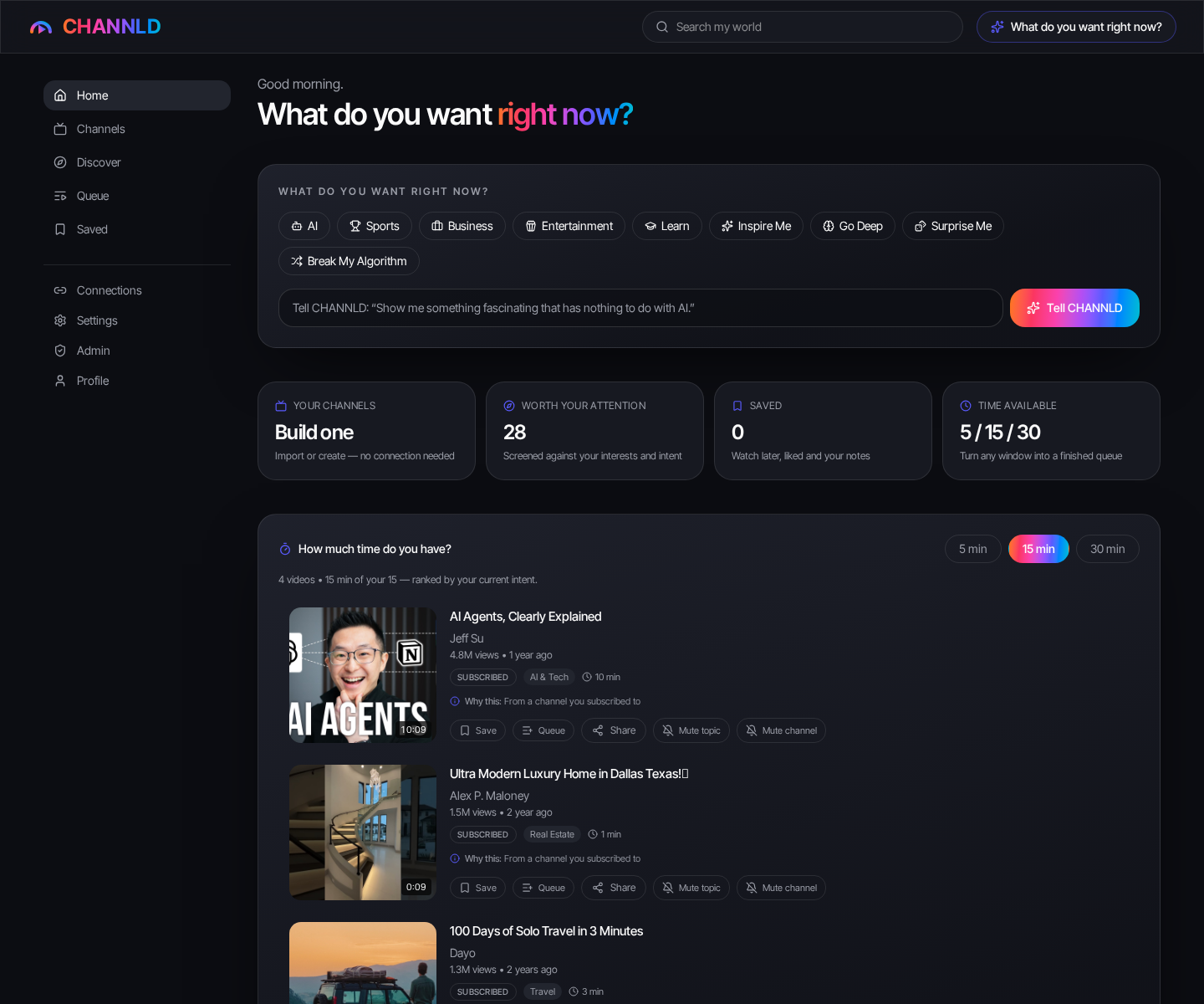 The CHANNLD app dashboard showing the intent engine, stat cards, time-budget queue, and video cards